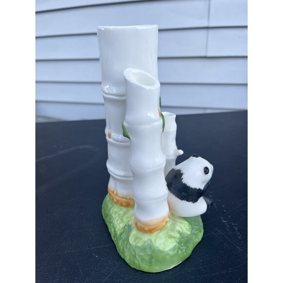 Bone China Panda Bear Bamboo Trees Lucky Bamboo Vase Three Hole Planter Vase VTG - Picture 4 of 13